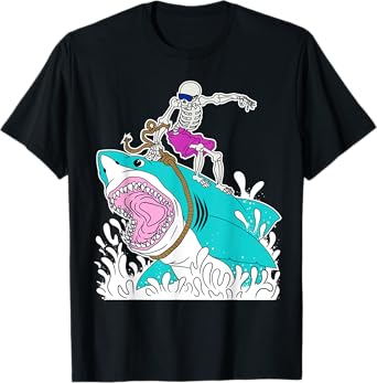 Funny Skeleton Surfing Shark Halloween T-Shirt