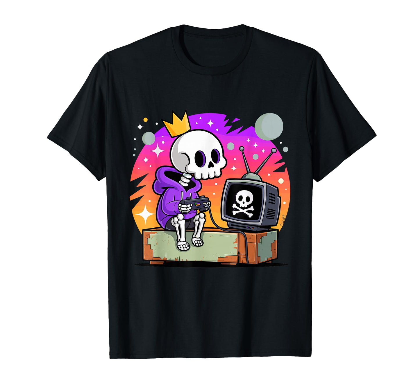 Skeleton Gamer Skull Crown Halloween Vibe Graphic T-Shirt