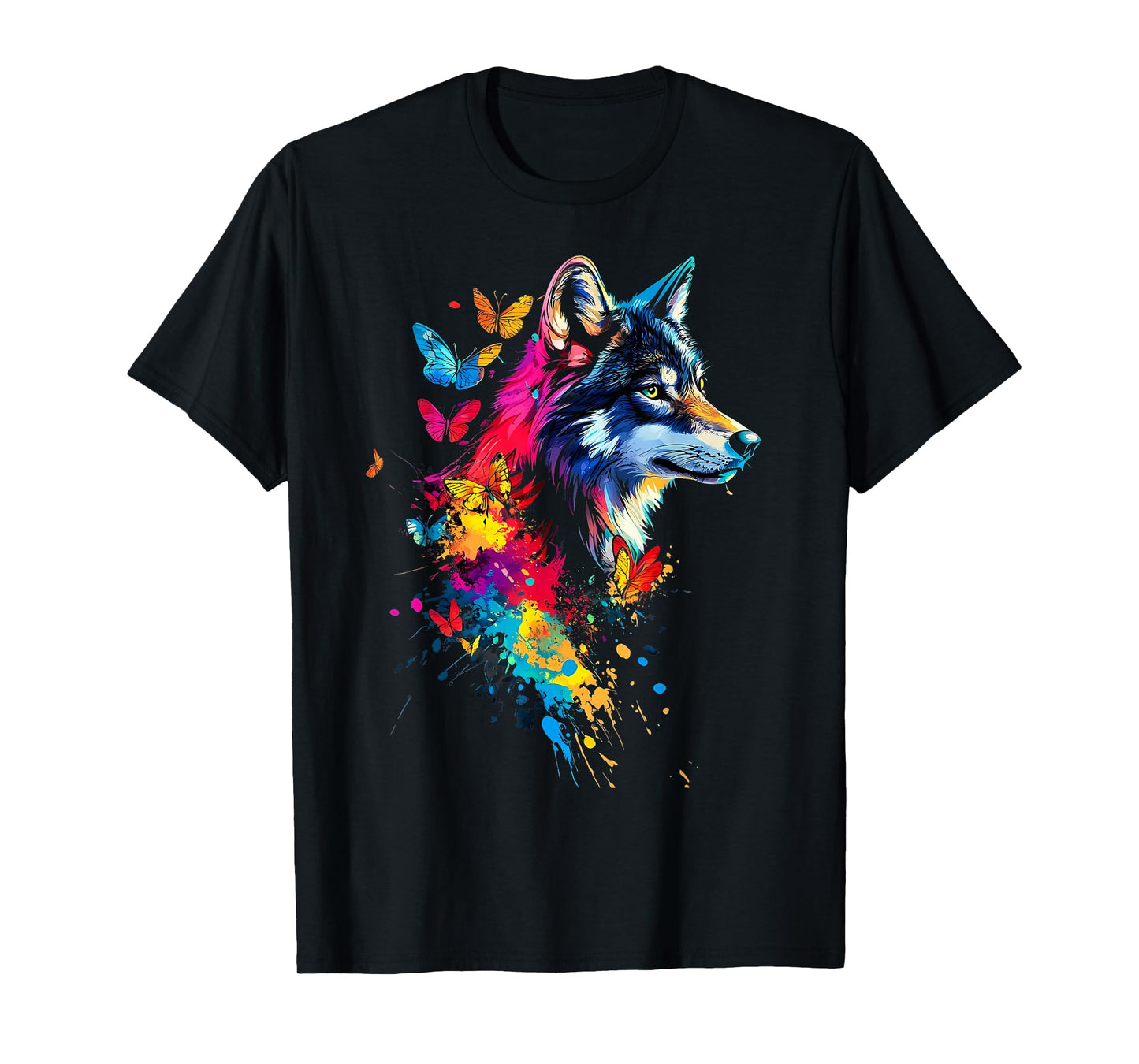 Wolf Colorful Butterflies Art T-Shirt