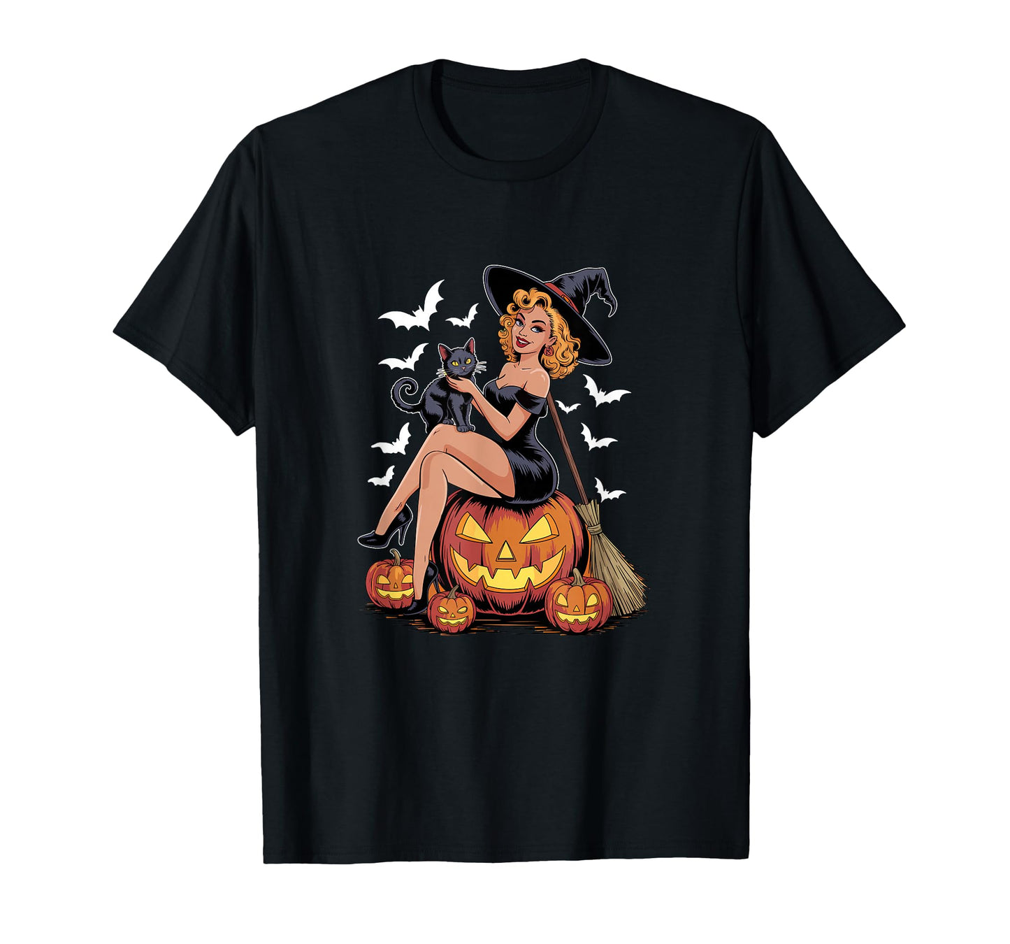 Witch On Horror Carved Pumpkins with Cat Halloween Women T-Shirt