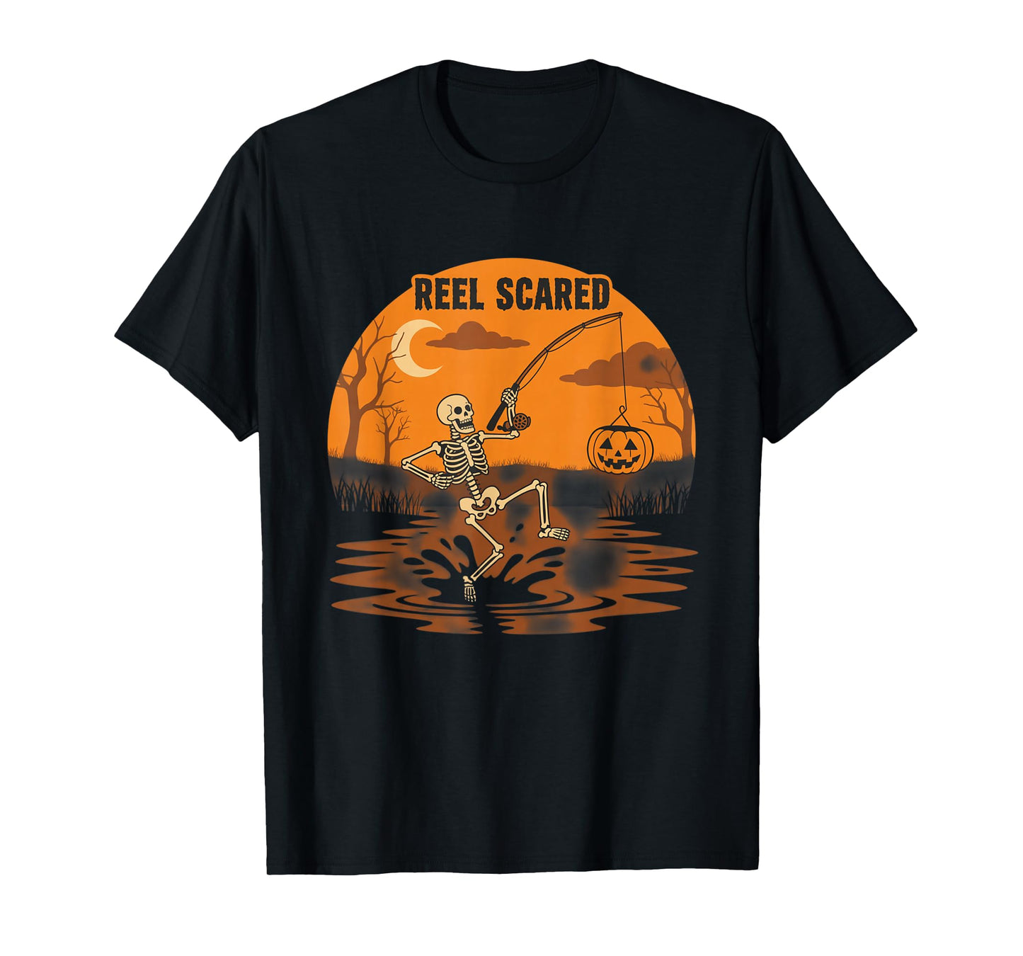 Reel Scared Halloween Fishing Skeleton Angler T-Shirt