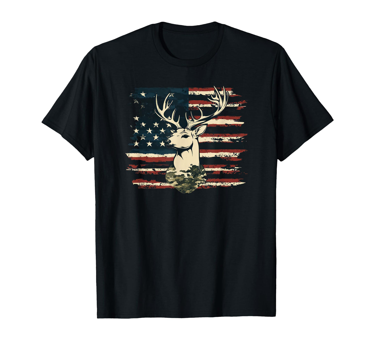 Deer Camo USA Flag Deer Elk Buck Hunting Graphic T-Shirt