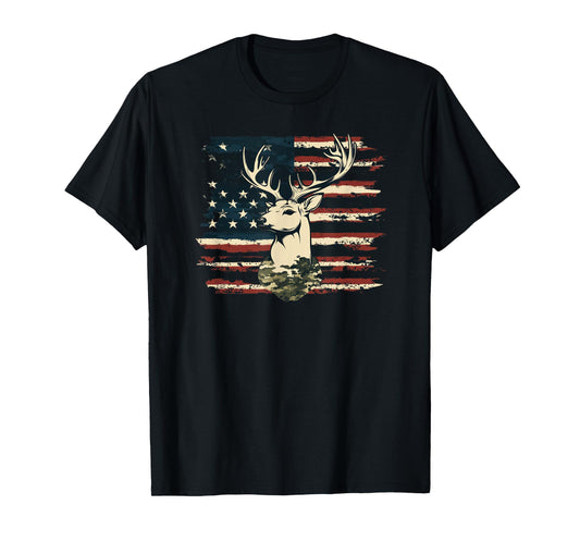 Deer Camo USA Flag Deer Elk Buck Hunting Graphic T-Shirt