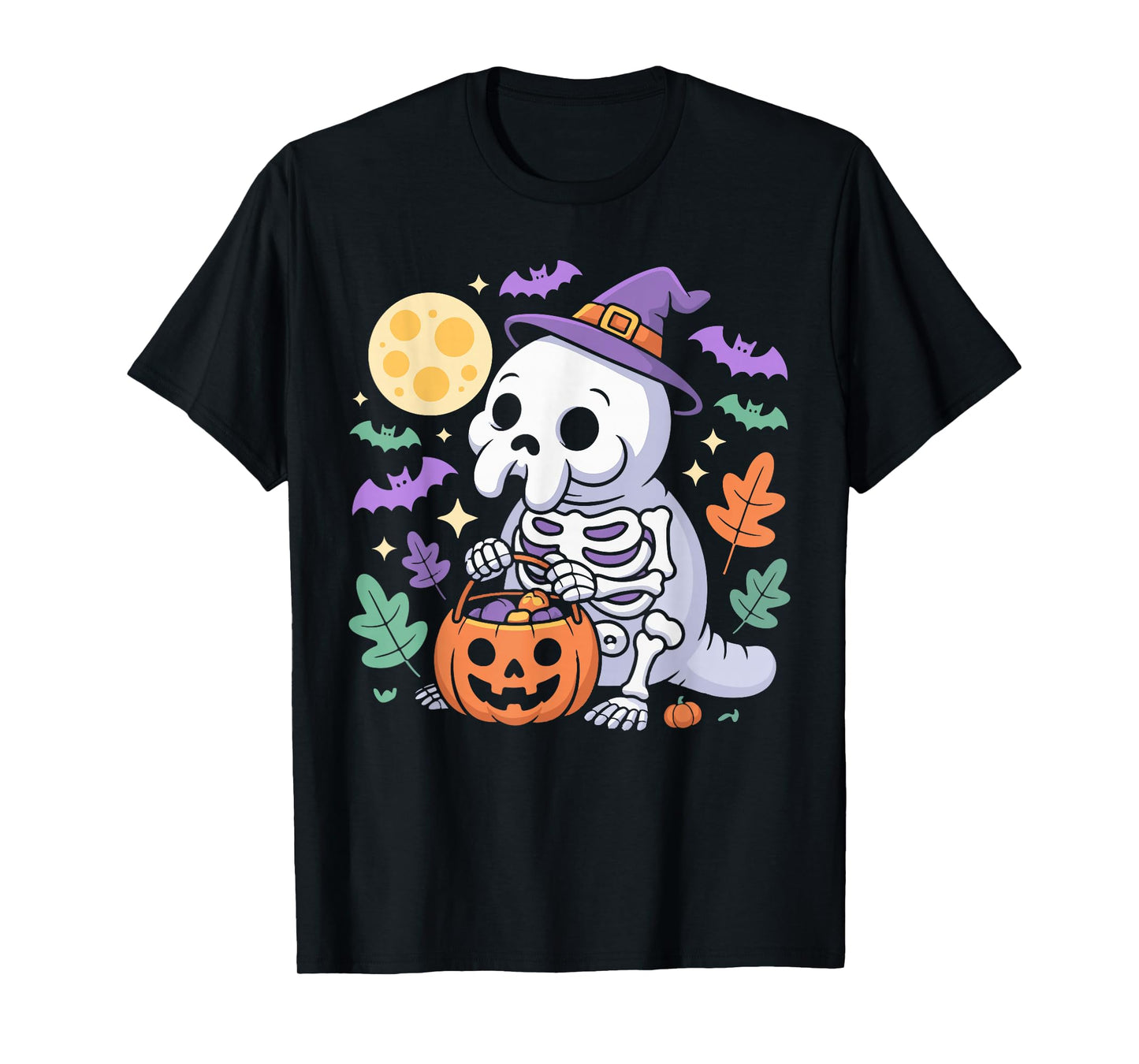 Spooky Manatee Skeleton Witch Hat Pumpkin Halloween Men Boys T-Shirt