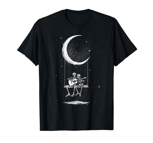 Skeleton Couple Moon Swing Guitar Lover Halloween Rock On T-Shirt