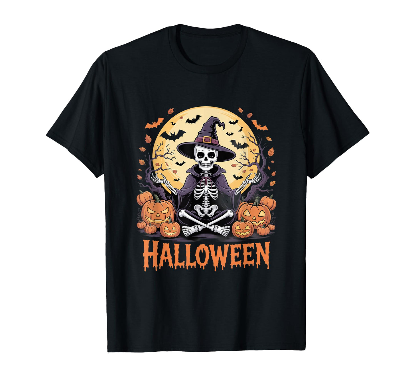 Skeleton with Pumpkins and Bats Halloween Design T-Shirt