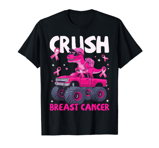Crush Breast Cancer Awareness Monster Truck Dinosaur Kid T-Shirt