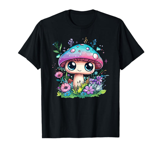 Cute Kawaii Mushroom With Flowers Magic Eyes T-Shirt