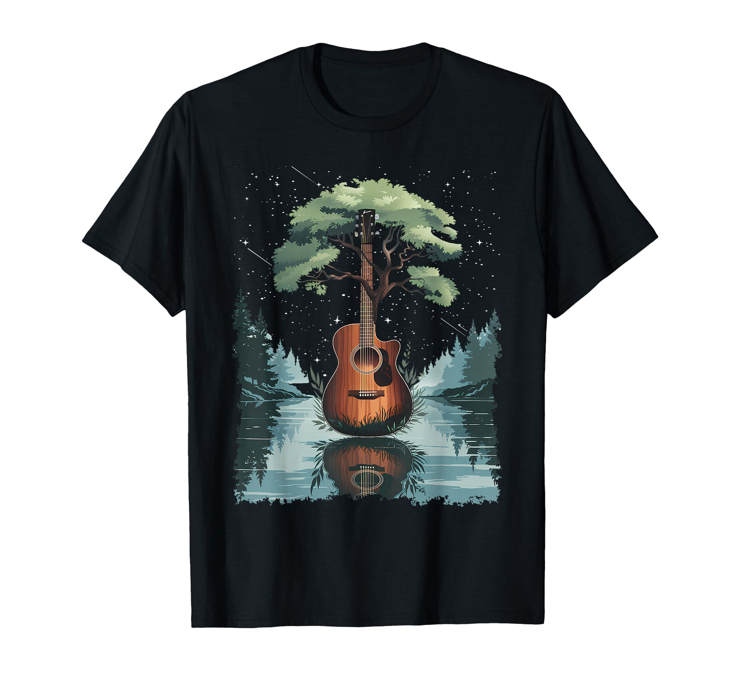 Acoustic Guitar Tree and Moon By The Lake Guitarist T-Shirt