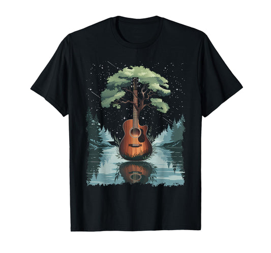 Acoustic Guitar Tree and Moon By The Lake Guitarist T-Shirt