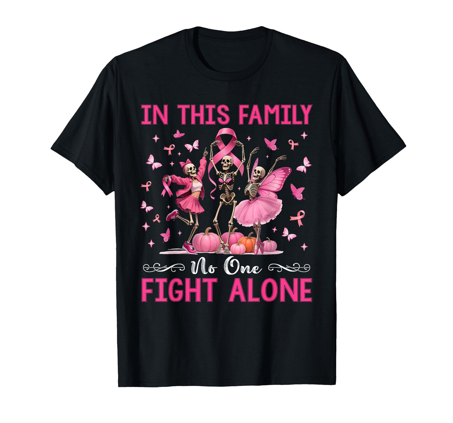 Womens Breast Cancer Awareness Dancing Skeleton Pumpkin Hall T-Shirt