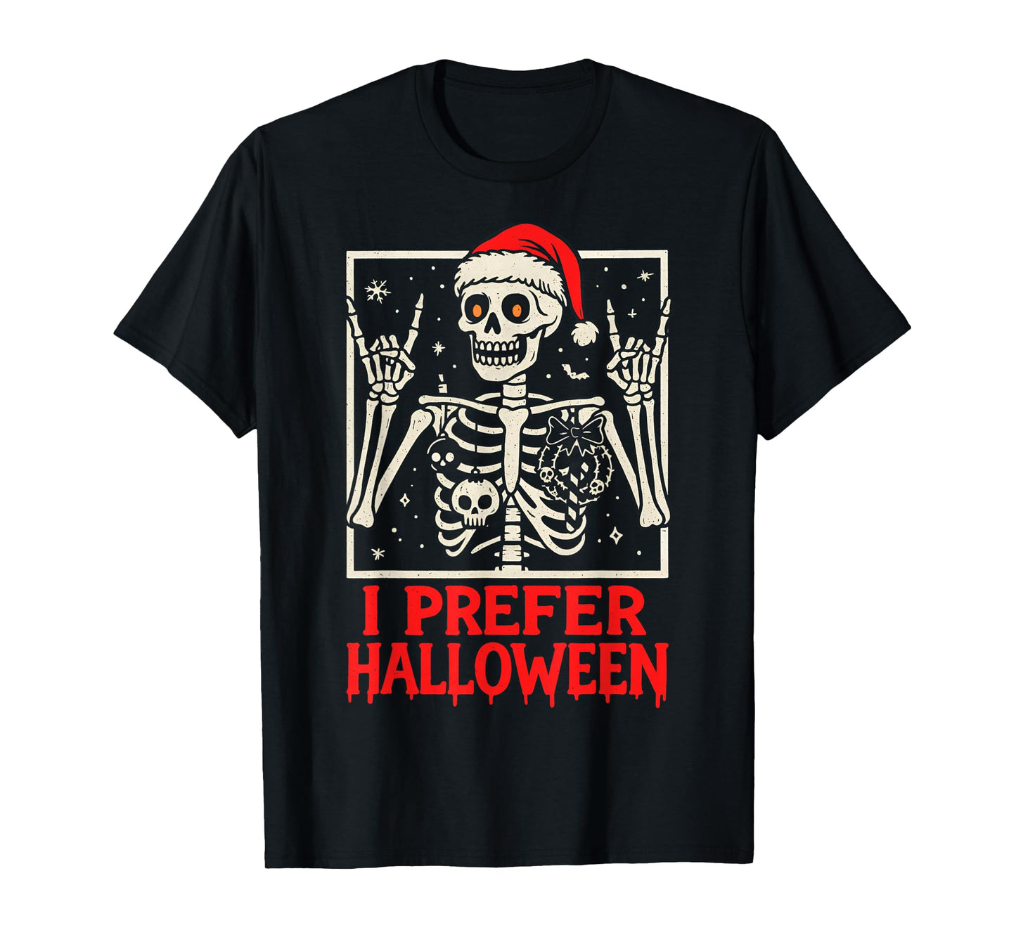 Rock Skeleton Santa Hat Christmas Halloween Lover T-Shirt