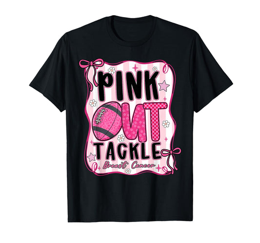 Coquette Bow Pink Out Tackle American Football Breast Cancer T-Shirt