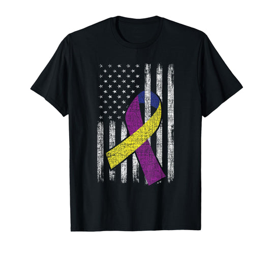 Bladder Cancer Awareness Purple Gold Ribbon American Flag Women Men T-Shirt