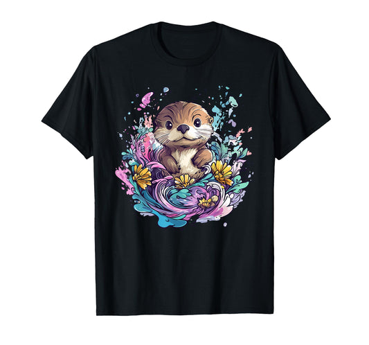 Cute Otter Surrounded By Colorful Flowers T-Shirt