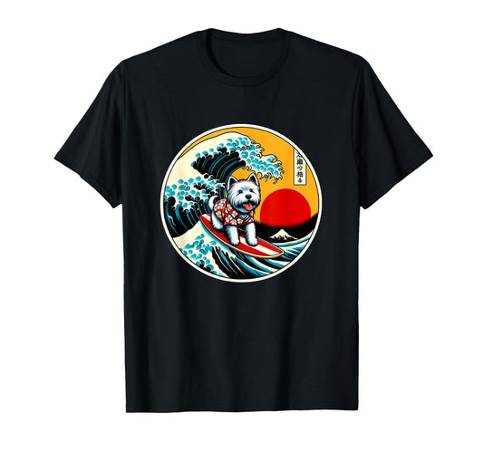 Great Wave Kanagawa Westie dog Surfing T-Shirt for Men Women Kids
