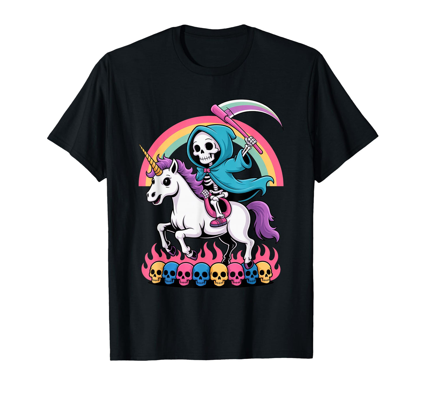 Skeleton Riding Unicorn Rainbow Fantasy Spooky Outfit T-Shirt