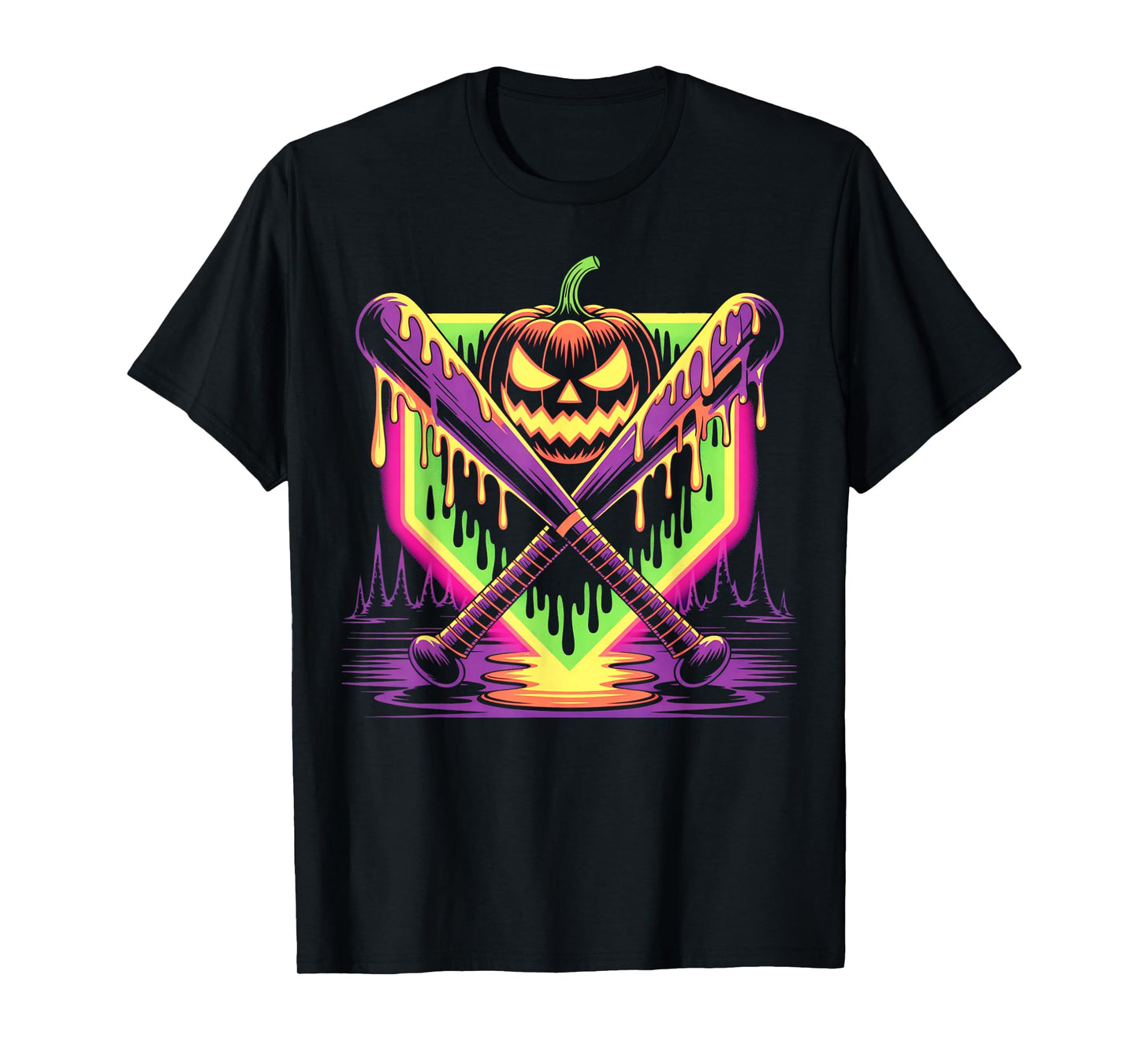 Halloween Pumpkin Baseball Crossed Bats Dripping Horror T-Shirt
