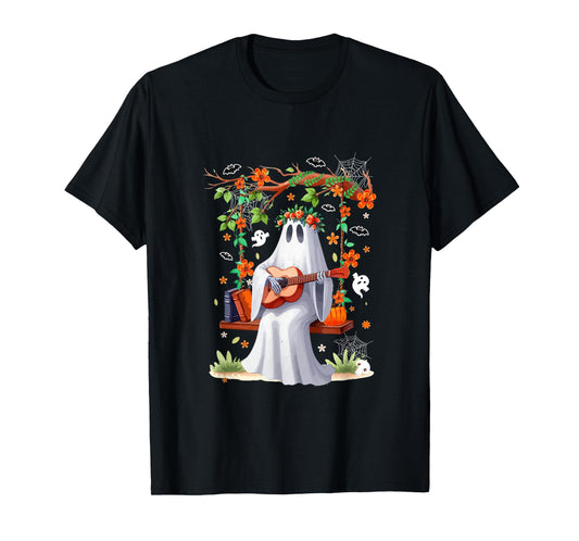 Cute Boo On Swing Playing Guitar Halloween Colorful Flowers T-Shirt