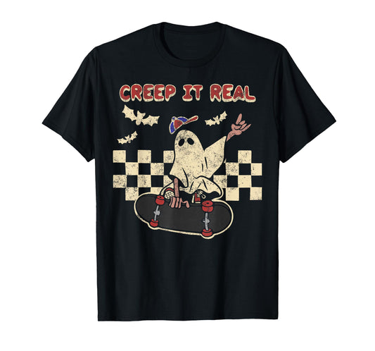 Halloween Boy Girl Retro Creep It Real Ghost on Skateboard T-Shirt
