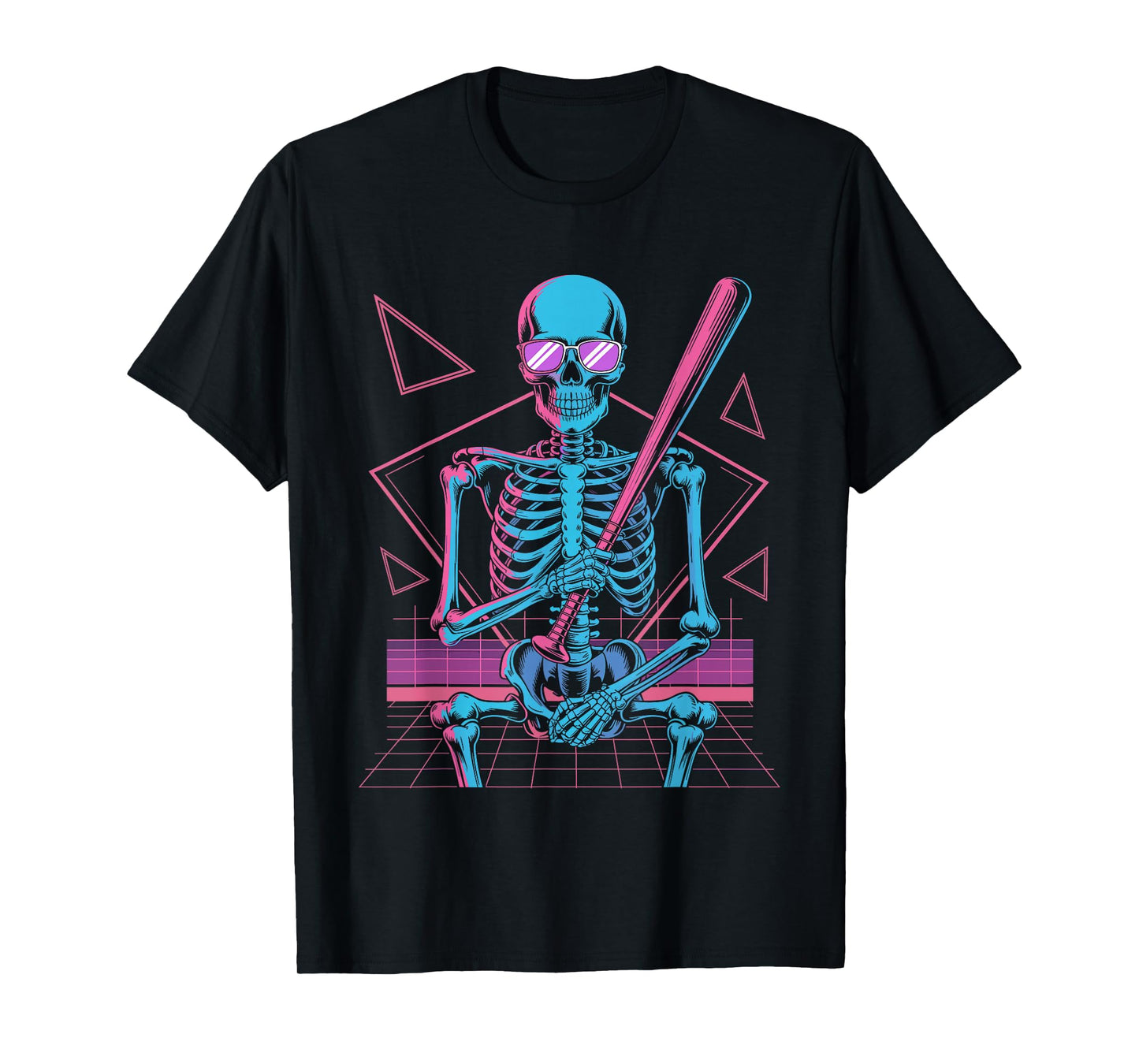 Retro 80s Skeleton Baseball Graphic Vaporwave Halloween T-Shirt
