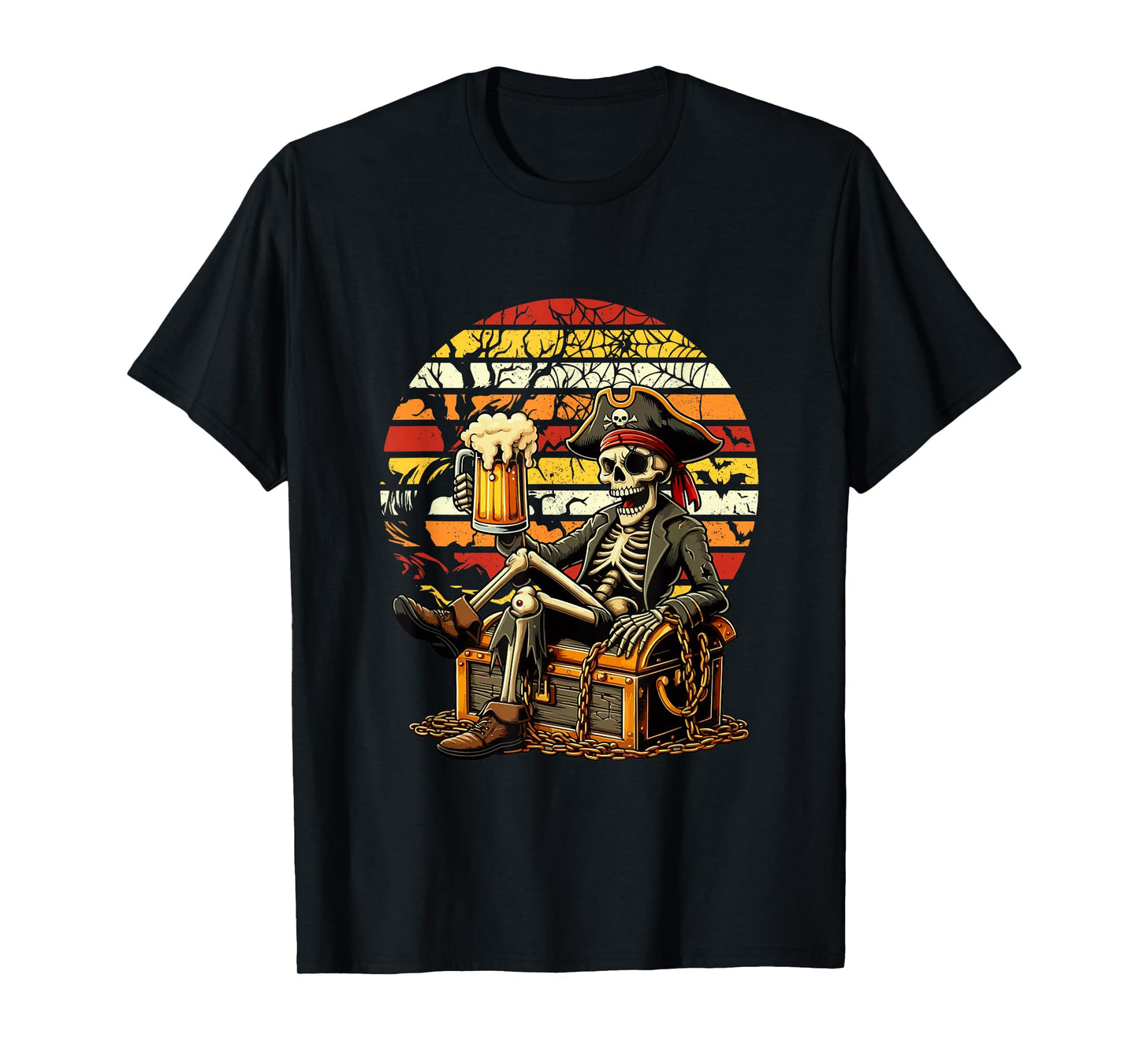 Vintage Retro Halloween Skeleton As Pirate Drinking Beer T-Shirt