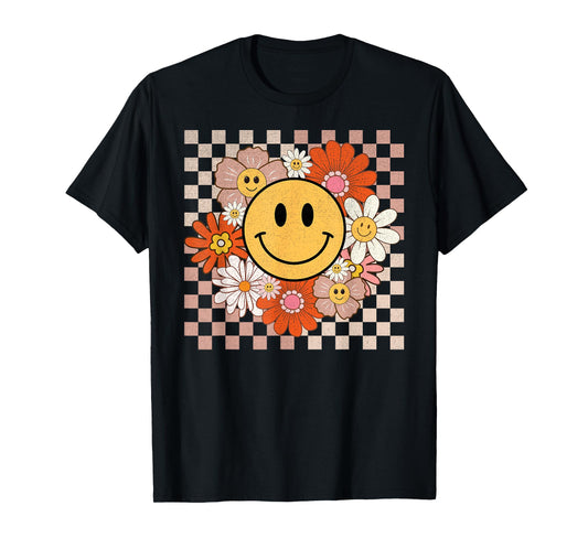 Retro Groovy Smile Happy Face Flowers Checkered 70s Hippie T-Shirt