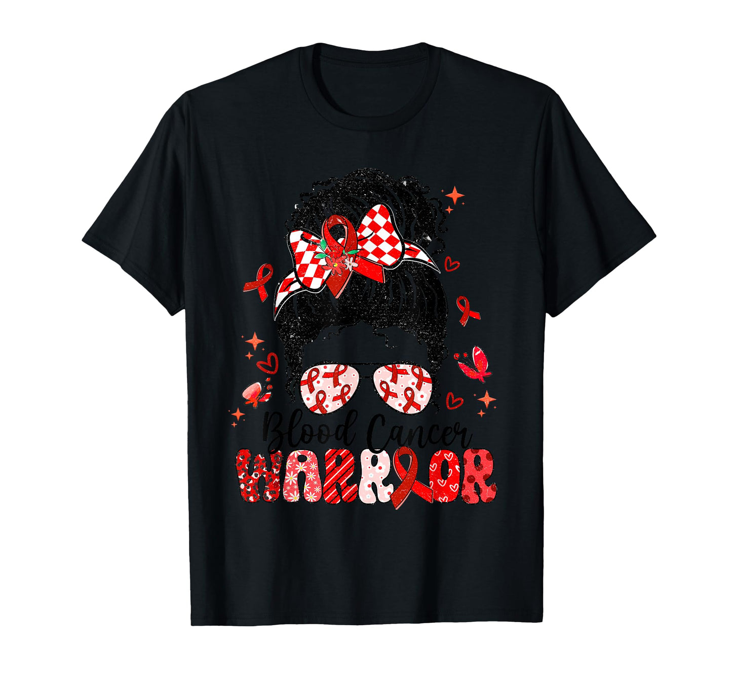 Warrior Messy Bun Red Ribbon Blood Cancer Awareness T-Shirt