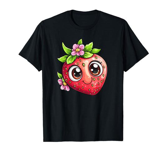 Adorable Strawberry With Happy Face And Flowers T-Shirt