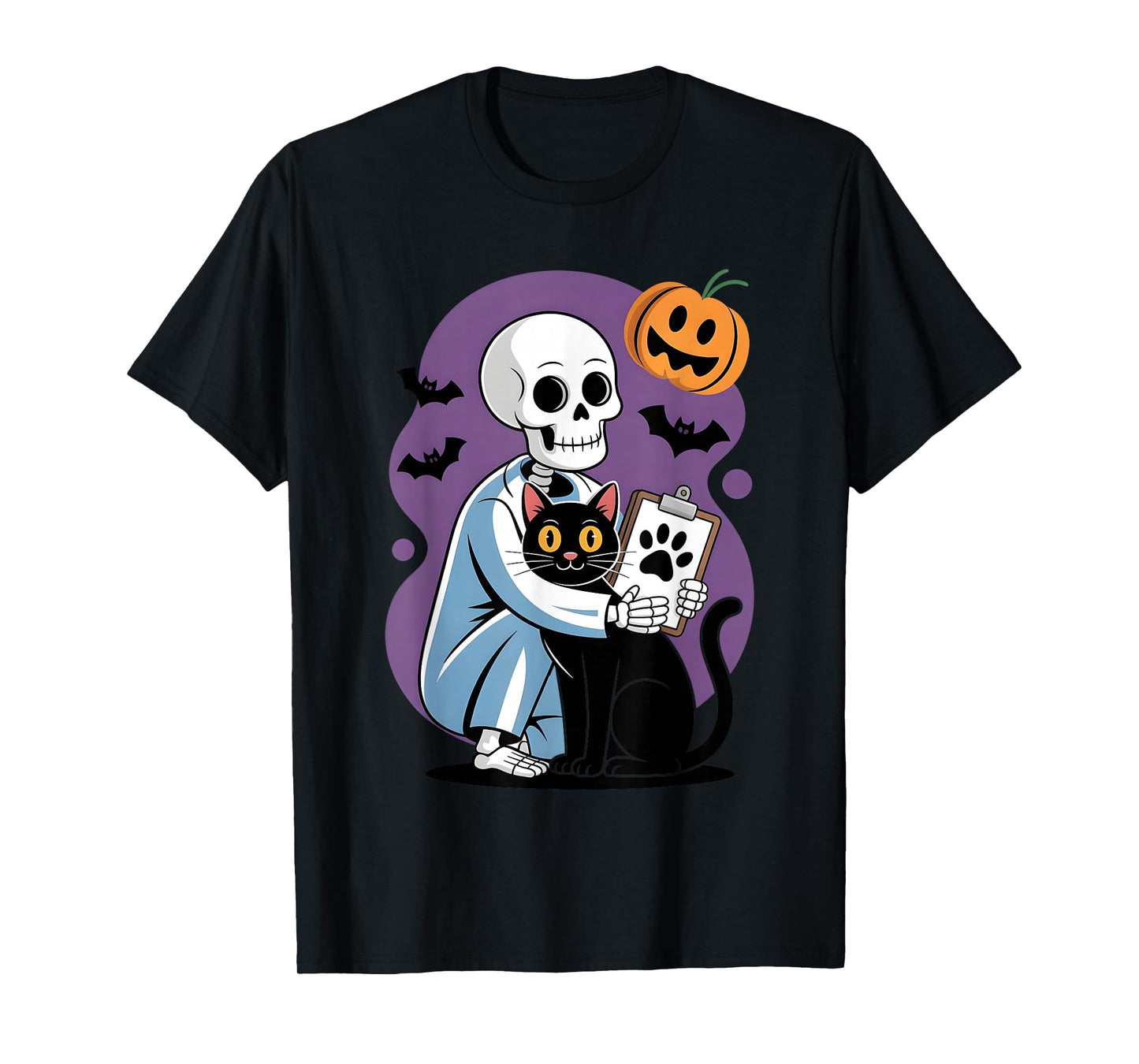 Skeleton Hugging Cat Funny Vet Cat Lover Halloween Men Women T-Shirt