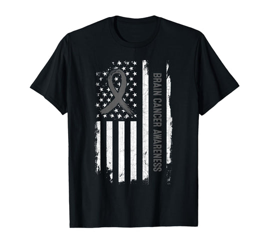 Brain Cancer Awareness American Flag - Gray Ribbon T-Shirt