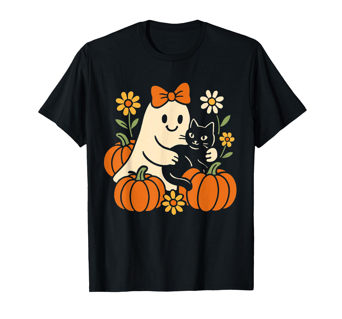 Vintage Halloween Ghost Holding Black Cat Groovy Floral T-Shirt