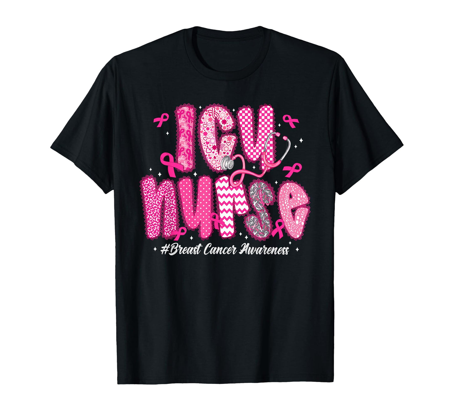 in October We Wear Pink ICU Nurse Breast Cancer Awareness T-Shirt