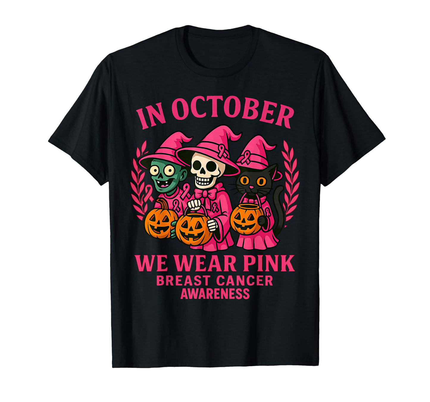 in October We Wear Pink Funny Zombie Skeleton & Black Cat T-Shirt