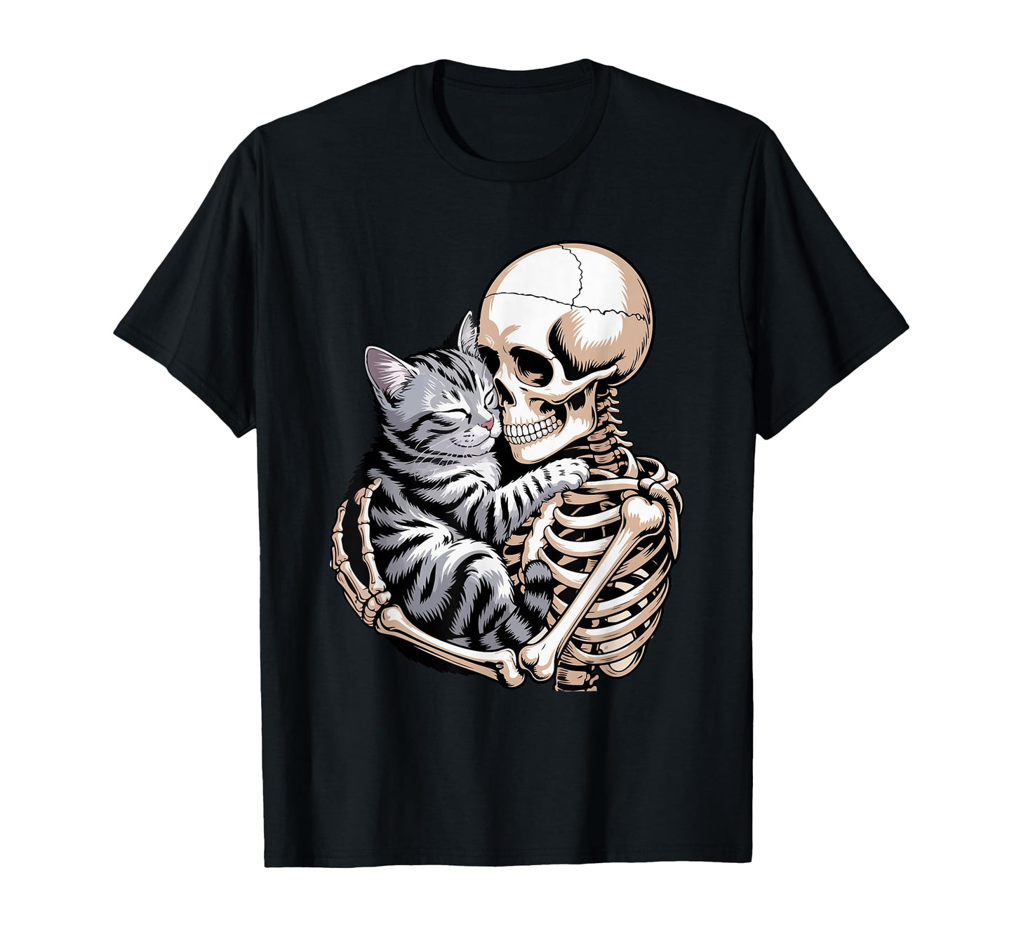 Skeleton Hugging Cat Halloween Cat Lover Cat Mom Dad T-Shirt
