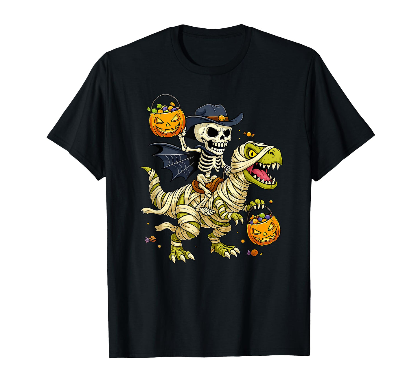 Skeleton Riding Mummy Dinosaur T Rex Kids Boys Halloween T-Shirt