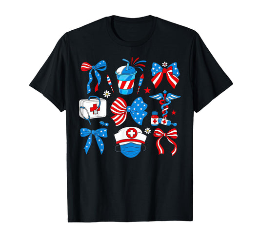 Coquette Bow Nurse Patriotic RN Nurse 4th Of July T-Shirt