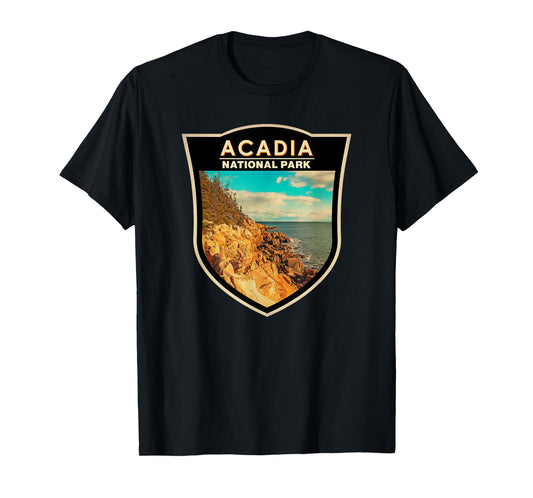 Acadia National Park Maine Bar Harbor Watercolor Badge T-Shirt