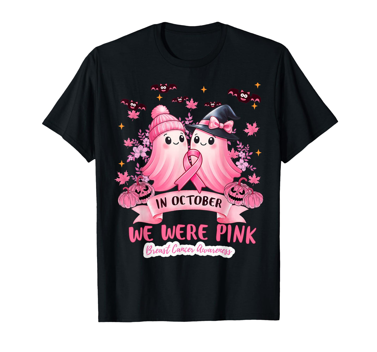 in October We Wear Pink Ghost Witch Breast Cancer Awareness T-Shirt