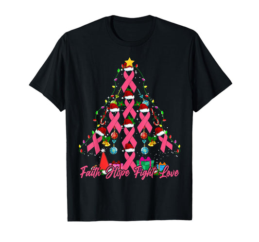 Santa Pink Ribbon Christmas Tree Breast Cancer Awareness T-Shirt