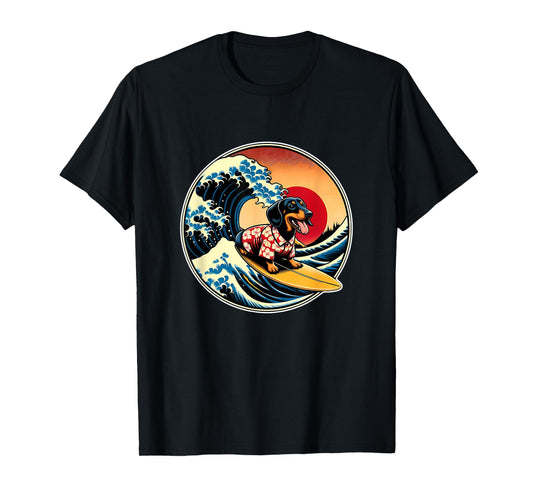 Great Wave Kanagawa Weiner Dachshund Dog Surfing Men Women Kids T-Shirt
