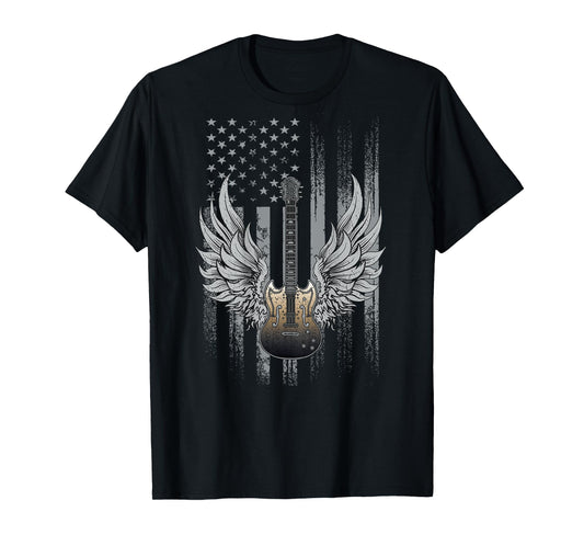 Dibble Dabble Designs Guitar On Back Patriotic Guitar Flag Band Tee Rock and Roll Guitar T-Shirt
