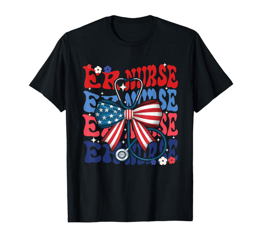 4th of July ER Nurse Retro Groovy T-Shirt