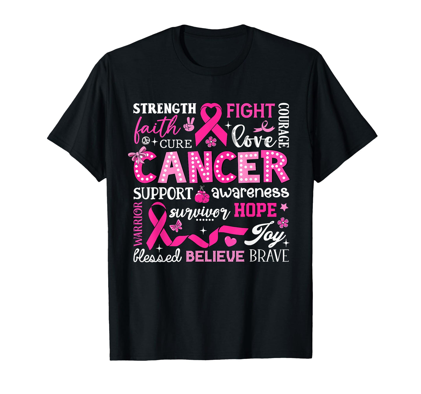 Breast Cancer Awareness Typography Pink Ribbon Bow T-Shirt