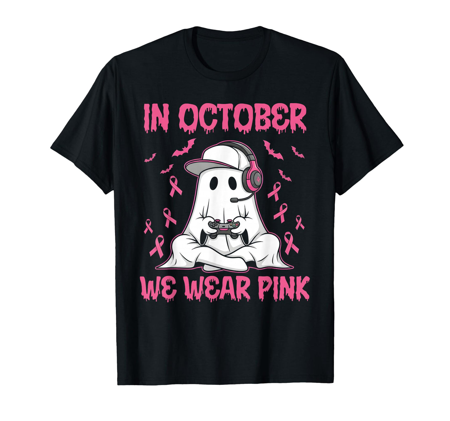 in October We Wear Pink Breast Cancer Gaming Ghost Youth T-Shirt