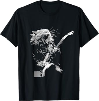 Rock Cat Playing Guitar Funny Guitar Cat Design Mens Womens T-Shirt