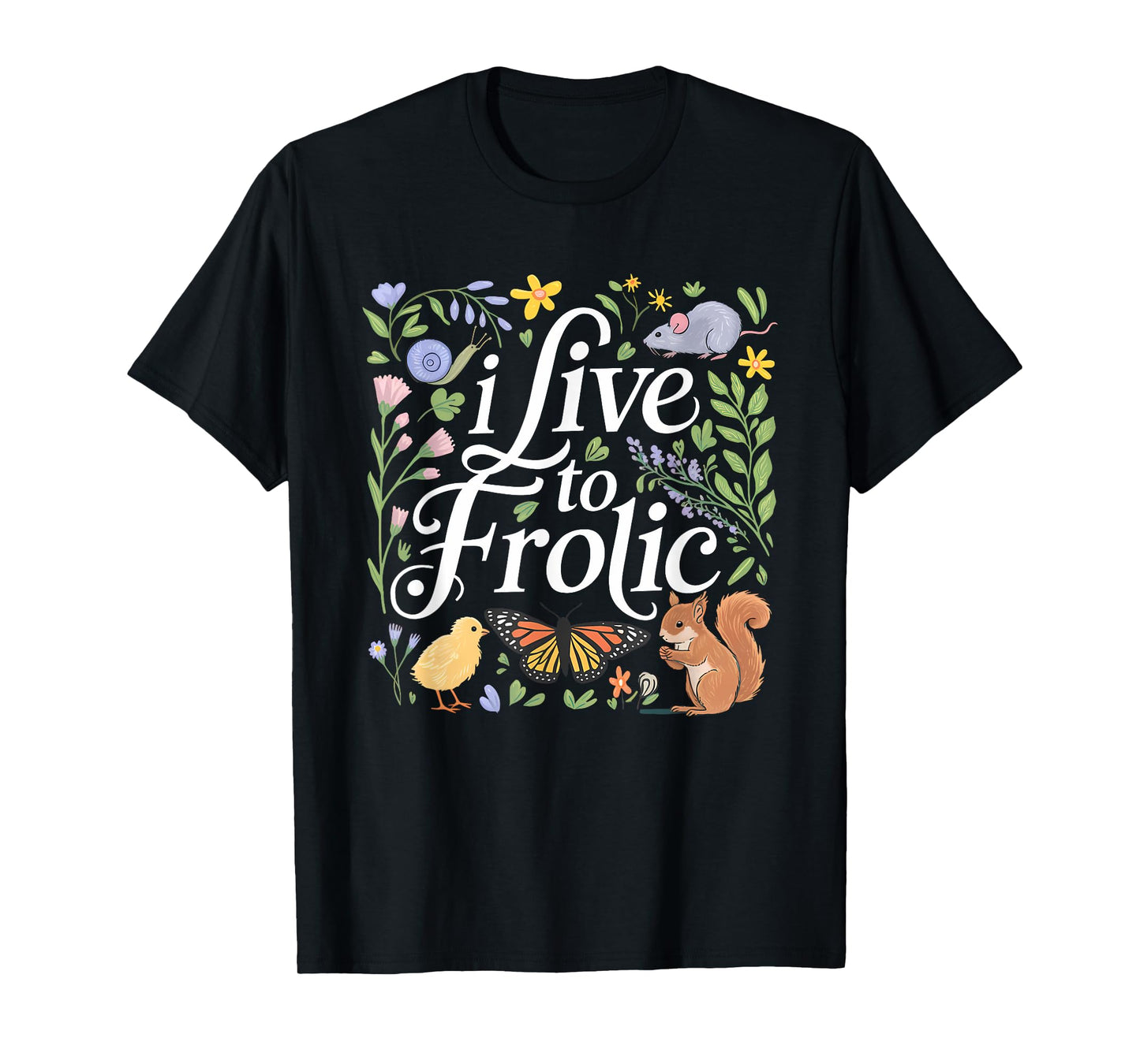 Frolic Nature Animals Flowers Squirrel Chick Butterfly Art T-Shirt