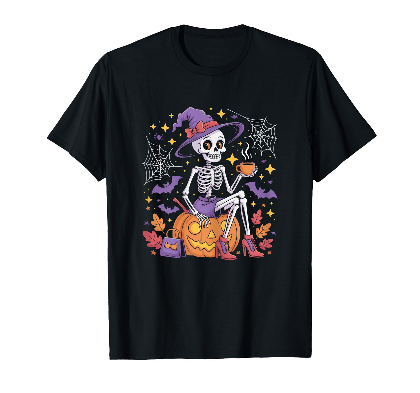 Spooky Skeleton Coffee Witch Hat Halloween Outfit Women T-Shirt