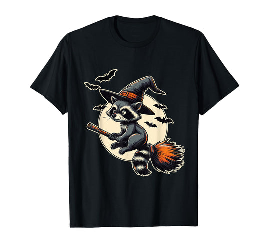 Raccoon Witch on Broom Halloween T-Shirt