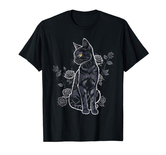Black Roses Alt Aesthetic Nu Goth Teen Goth Cat T-Shirt for Men Women Girls Kids